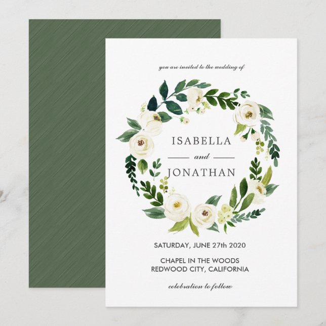 Invitation Fleur blanche | Aquarelle mariage de couronne comp (Devant / Derrière)