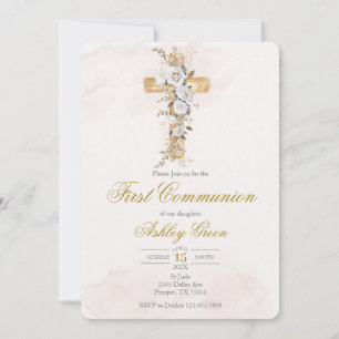 Invitation Fleur blanche avec croix Baptême