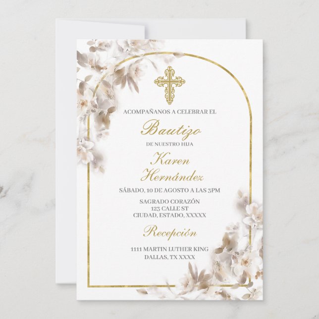 Invitation Fleur blanche Baptême espagnol (Devant)