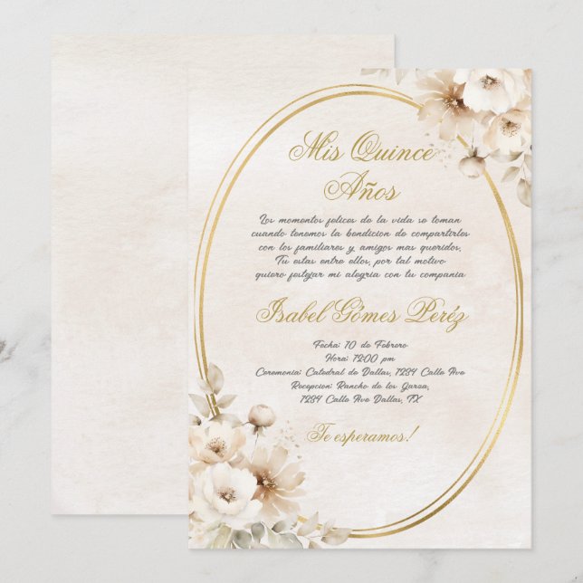 Invitation Fleur blanche beige Quinceanera espagnole (Devant / Derrière)