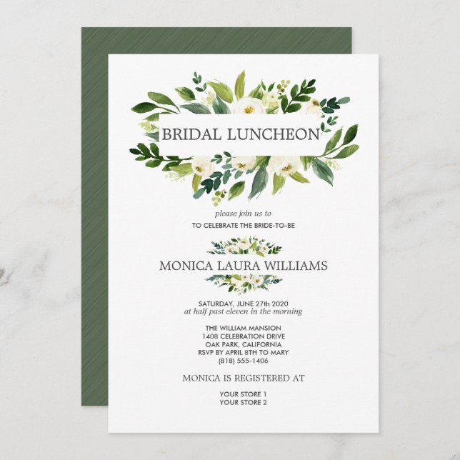 Invitation Fleur blanche chic | Mariage du déjeuner nuptial (Devant / Derrière)