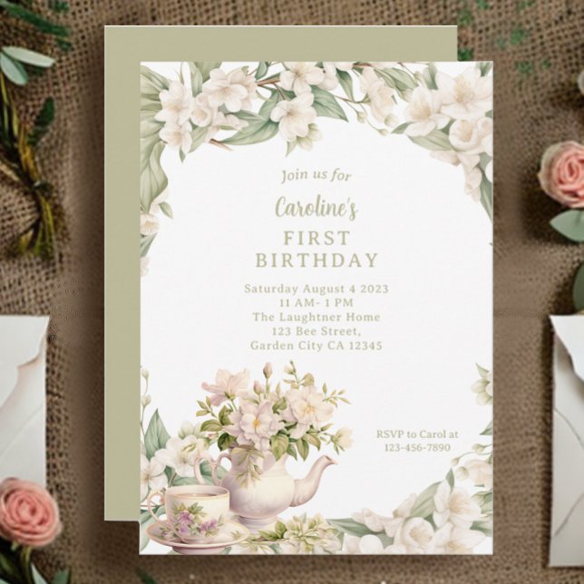 Invitation Fleur Blanche Jardin Tea Party N'importe quel âge  (Créateur téléchargé)