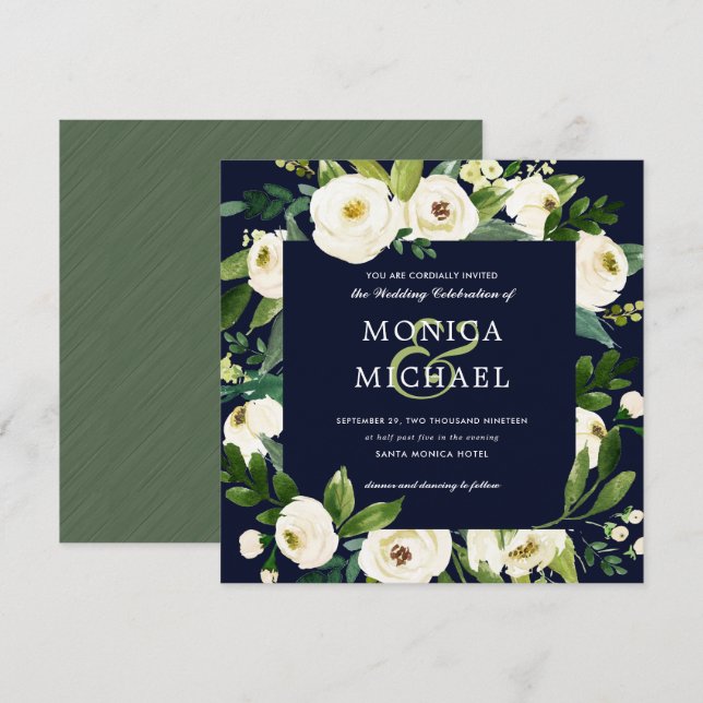 Invitation Fleur blanche | Mariage végétal bleu (Devant / Derrière)