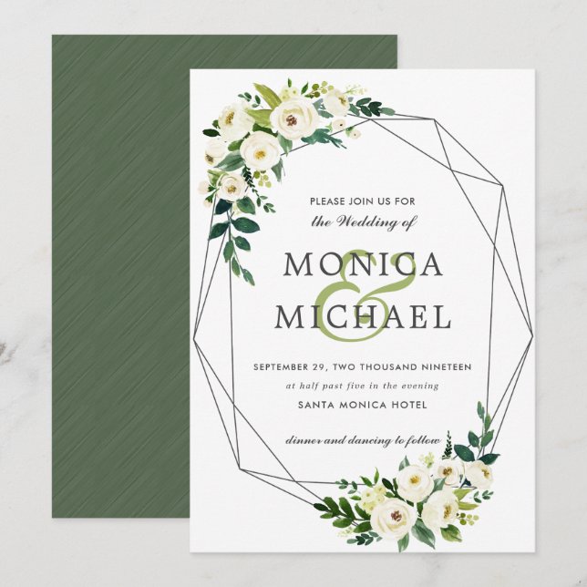Invitation Fleur blanche | Mariage végétal géométrique floral (Devant / Derrière)