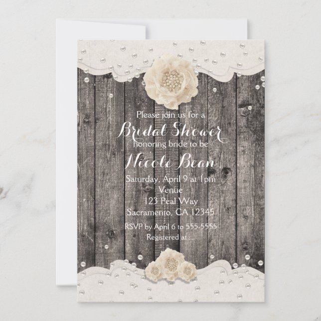 Invitation Fleur Blanche Romantique & Perles Bois Rustique (Devant)