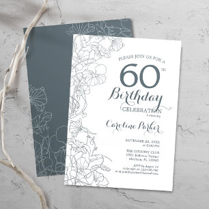 Invitation Fleur bleu ardoise 60e fête d'anniversaire