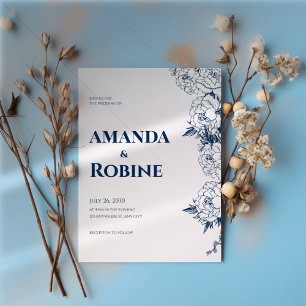 Invitation Fleur Bleu Blanc Élégant Mariage simple