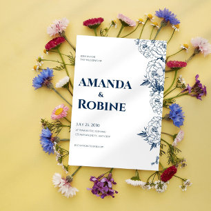 Invitation Fleur Bleu Blanc Élégant Mariage simple