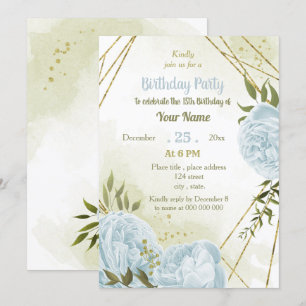 Invitation fleur bleu romantique verdure fête d'anniversaire