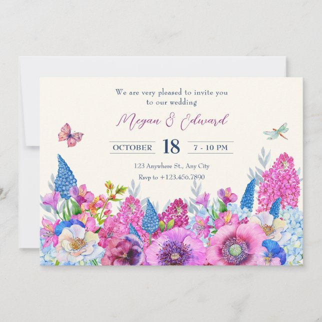 Invitation Fleur bleu violet fleur fleurit printemps mariage (Devant)