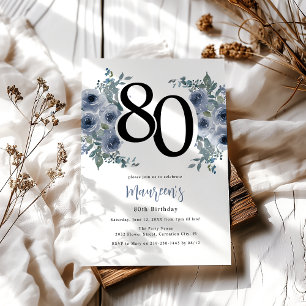 Invitation Fleur Bleue Élégante 80e Anniversaire