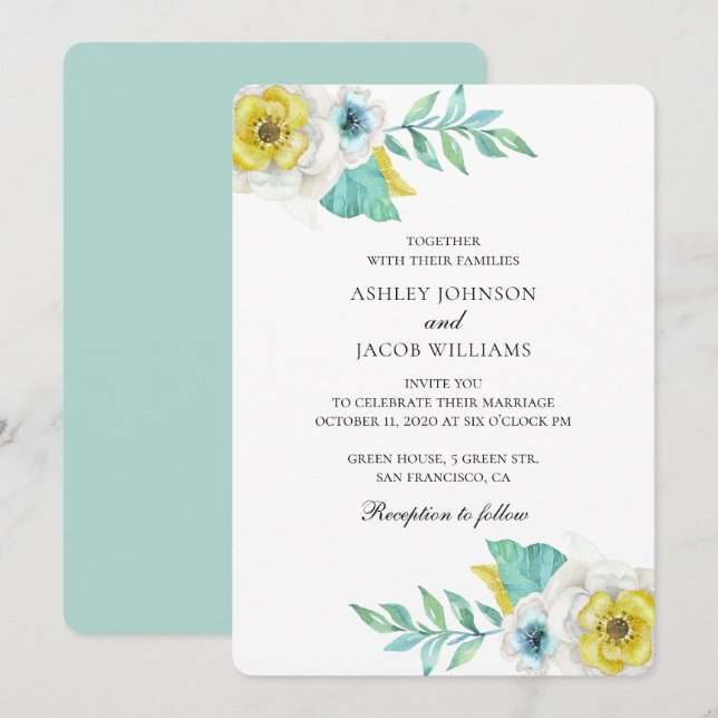 Invitation Fleur bleue et jaune. Mariage botanique à la menth (Devant / Derrière)