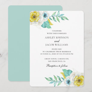 Invitation Fleur bleue et jaune. Mariage botanique à la menth