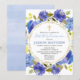 Invitation Fleur bleue et jaune Première communion sainte