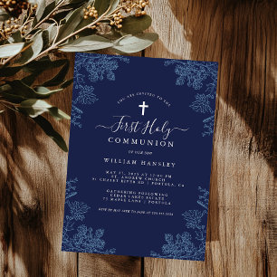 Invitation Fleur bleue florale vintage première communion gar