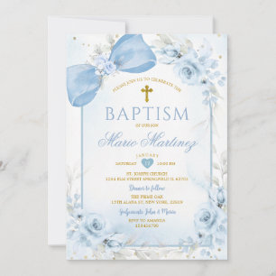 Invitation Fleur bleue poussiéreuse noeud coquette croix doré