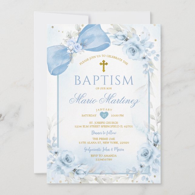Invitation Fleur bleue poussiéreuse noeud coquette croix doré (Devant)