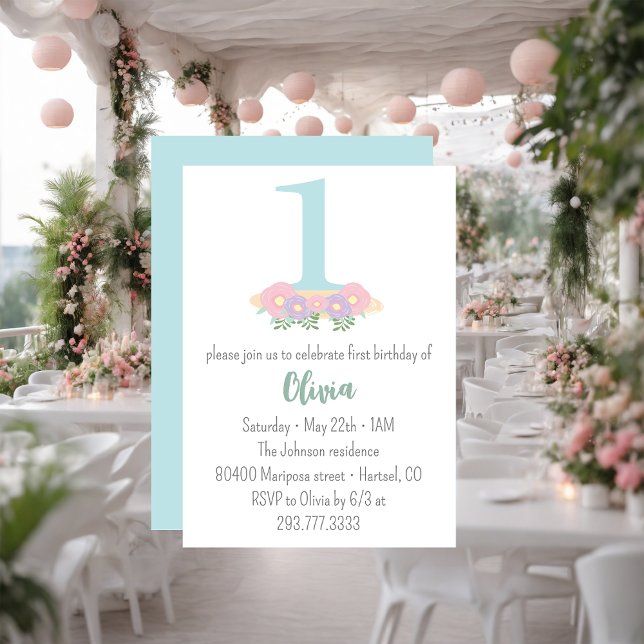 Invitation Fleur bleue, rose pastel 1ère fête d'anniversaire  (Créateur téléchargé)