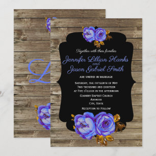 Invitation Fleur bleue, tableau noir bois brun rustique maria