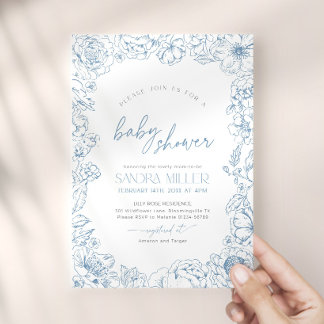 Invitation Fleur bleue Toile de Jouy Baby Shower