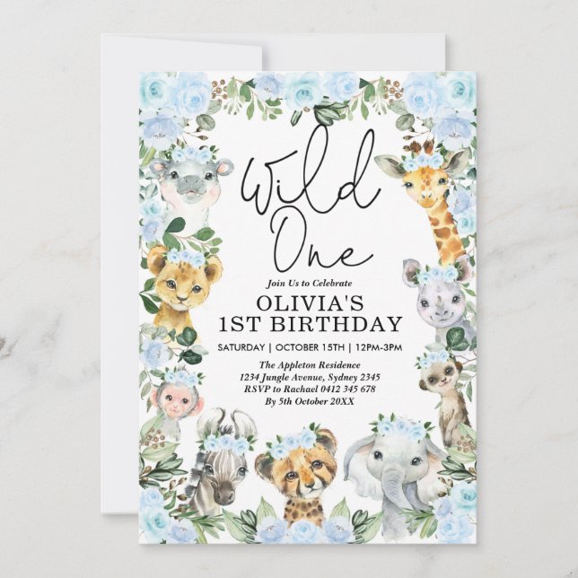 Invitation Fleur bleue Wild One Jungle Safari 1er anniversair (Devant)