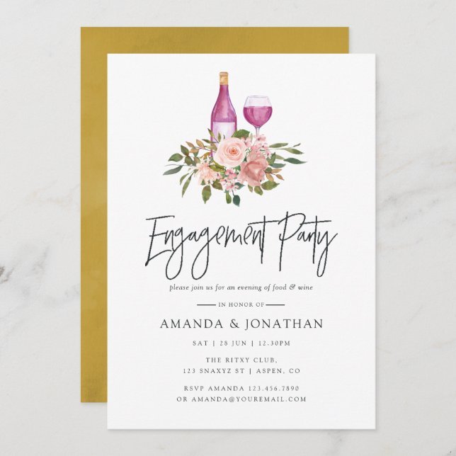 Invitation Fleur Blush & Gold Wine Tasting Party (Devant / Derrière)