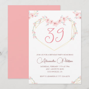 Invitation Fleur bohème aquarelle rose 39e anniversaire 