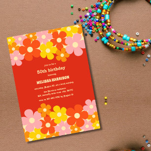 Invitation Fleur Boho Orange Retro coloré 50e anniversaire