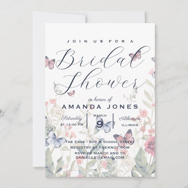 Invitation Fleur Botanique Élégante Boho Butterfly Bridal (Devant)