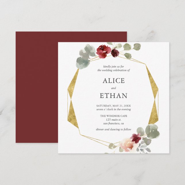 Invitation Fleur Bourgogne Et Mariage De Verdure Géométrique (Devant / Derrière)