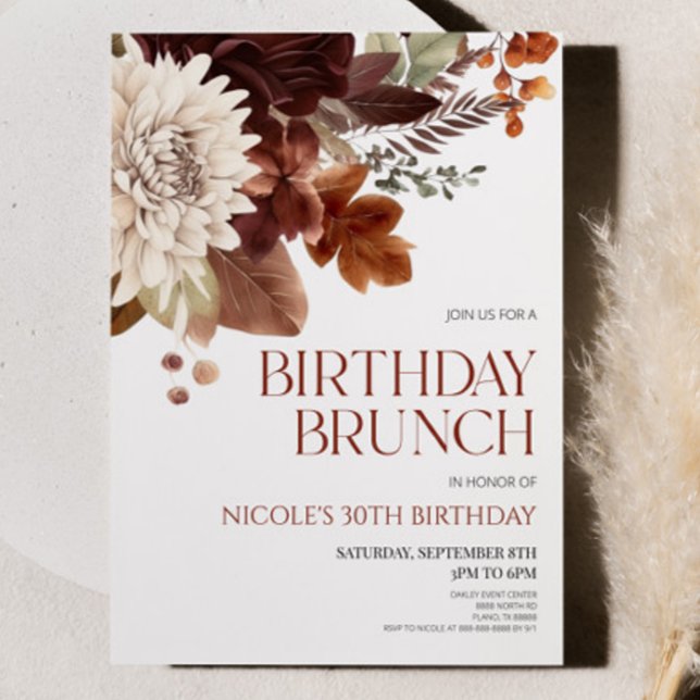 Invitation Fleur Brown Bourgogne Florale Anniversaire Brunch  (Créateur téléchargé)