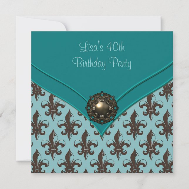 Invitation Fleur Brown turquoise de Lis fête de 40e anniversa (Devant)