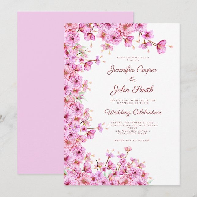 Invitation Fleur cerise personnalisée Sakura Mariage rose (Devant / Derrière)