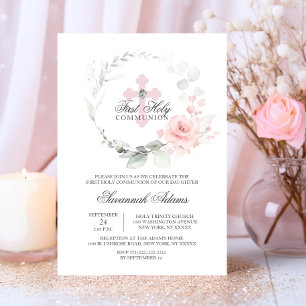Invitation Fleur couronne rose première sainte communion FILL