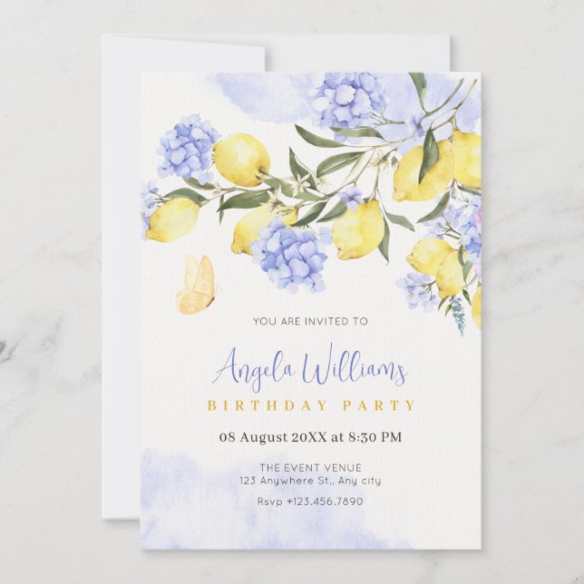 Invitation Fleur d'anniversaire aux citrons violets (Devant)