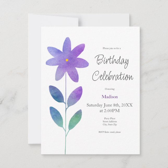 Invitation Fleur d'aquarelle bleu violet vert (Devant)
