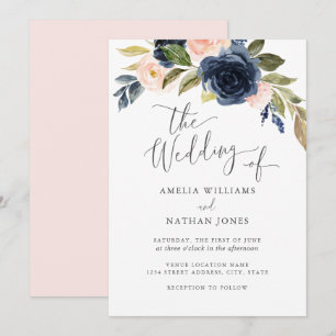 Invitation Fleur d'aquarelle Blush Navy Mariage de couronnes