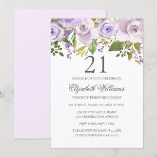 Invitation Fleur d'aquarelle lilas violet 21e anniversaire