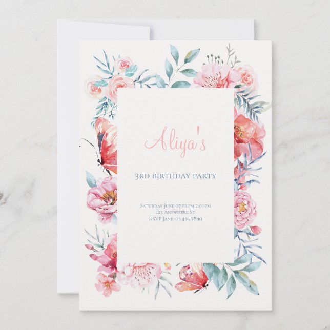 Invitation Fleur d'aquarelle rose Filles Fête d'anniversaire (Devant)