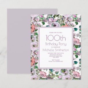 Invitation Fleur d'aquarelle violet lilas 100e anniversaire
