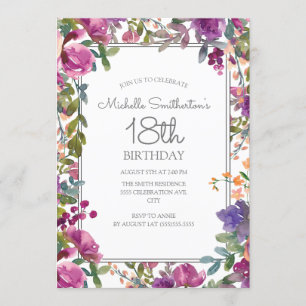 Invitation Fleur d'aquarelle violette élégante pour 18e anniv
