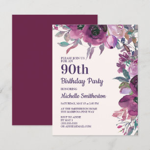 Invitation Fleur d'aquarelle violette élégante pour 90e anniv