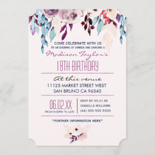 Invitation Fleur d'aquarelle violette et turquoise 18e annive