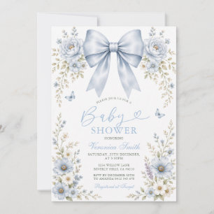 Invitation Fleur de Baby-Shower Bleu Poussiéreux Ruban