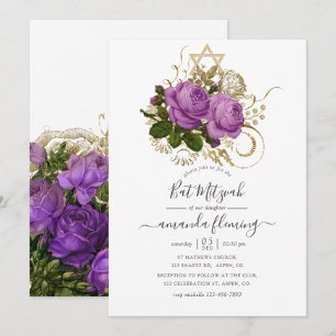 Invitation Fleur de Bat Mitzvah Chic Vintage Or et Violet