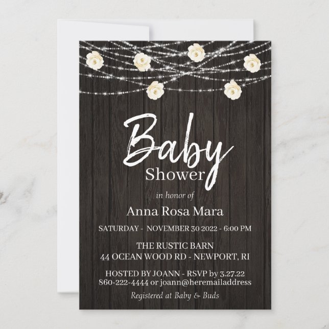 Invitation *~* Fleur de bois rustique Lumière Baby shower Ros (Devant)