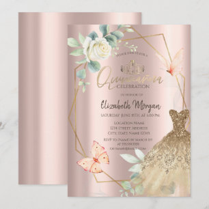 Invitation Fleur de cadre Papillons Robe Or rose 