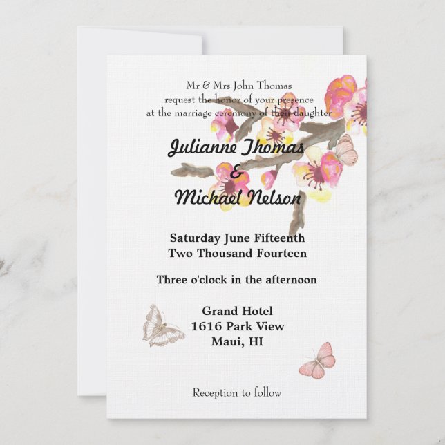 Invitation Fleur de cerise avec Mariage de papillons (Devant)