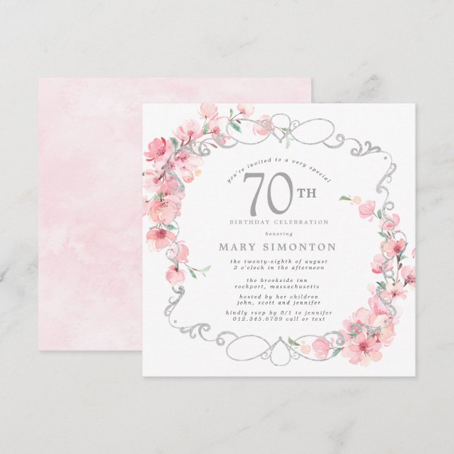 Invitation Fleur de cerise rose 70e anniversaire (Devant / Derrière)