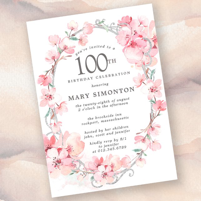Invitation Fleur de cerise rose pâle 100e anniversaire (Créateur téléchargé)
